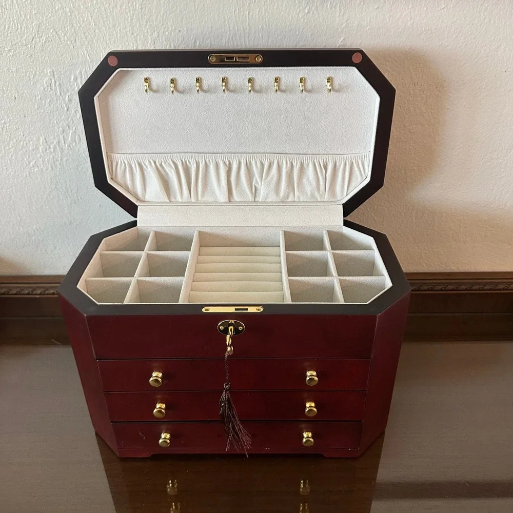 Jere Wooden Jewelry Box Chest Large 3 Drawer Locking Cherry Finish Organizer